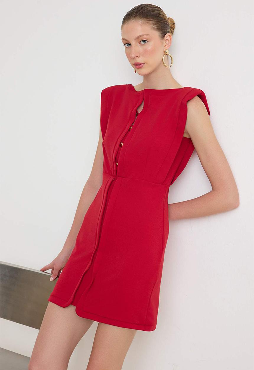 Trendyol - Button Detail Mini Dress - Red