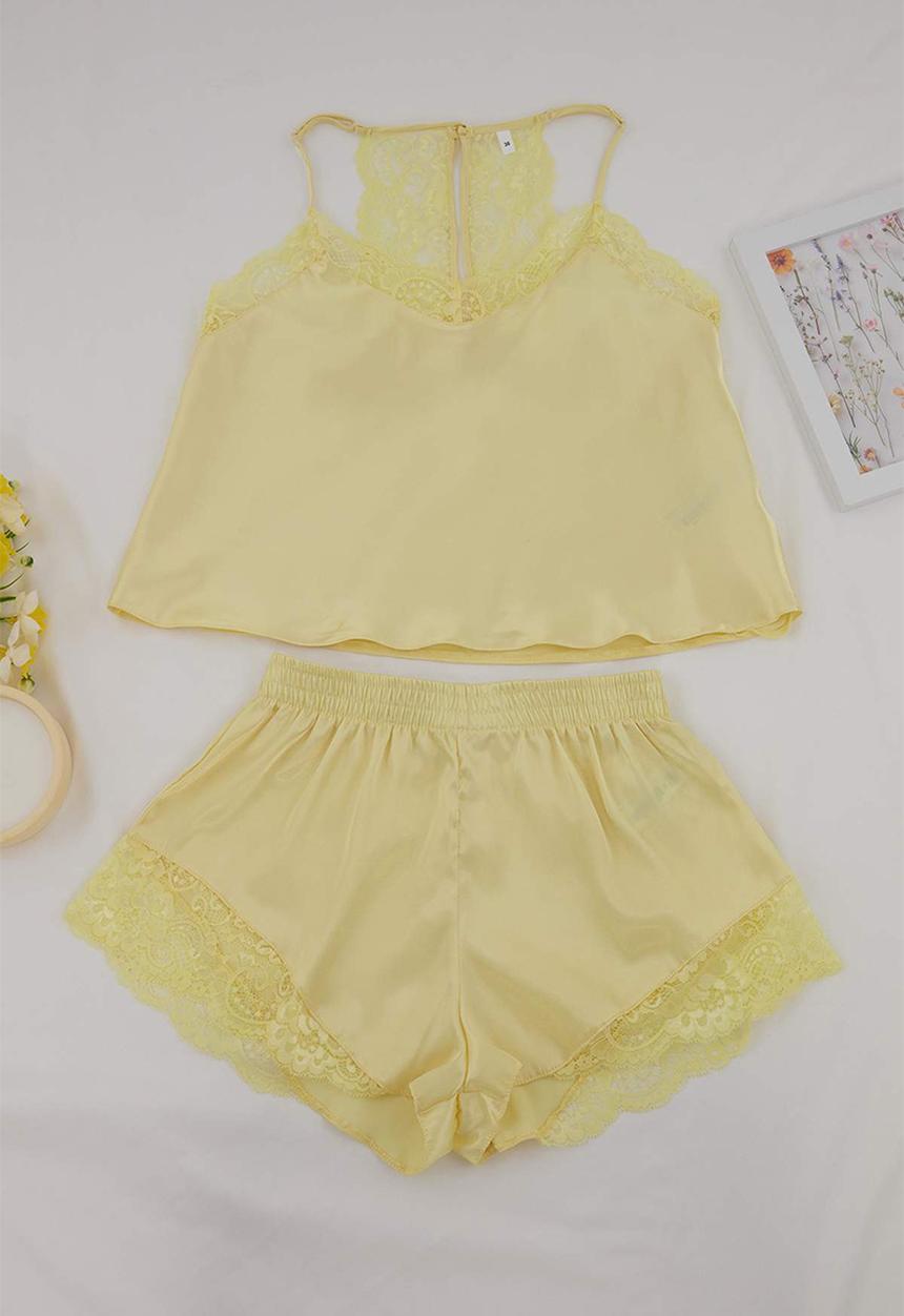 Trendyol - Lace rope strap satin shorts pajamas set - yellow