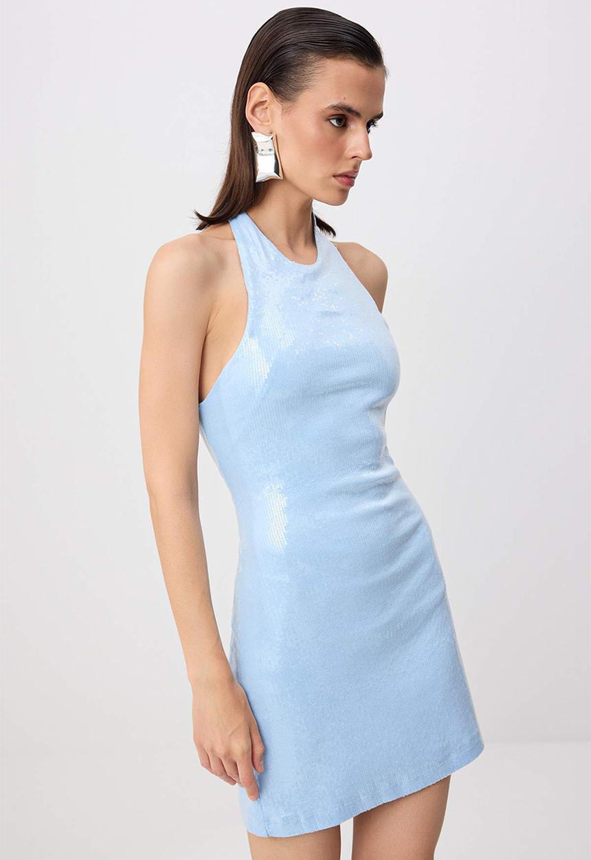 Trendyol - Halter Neck Bodycon Mini Knit Dress - Light Blue