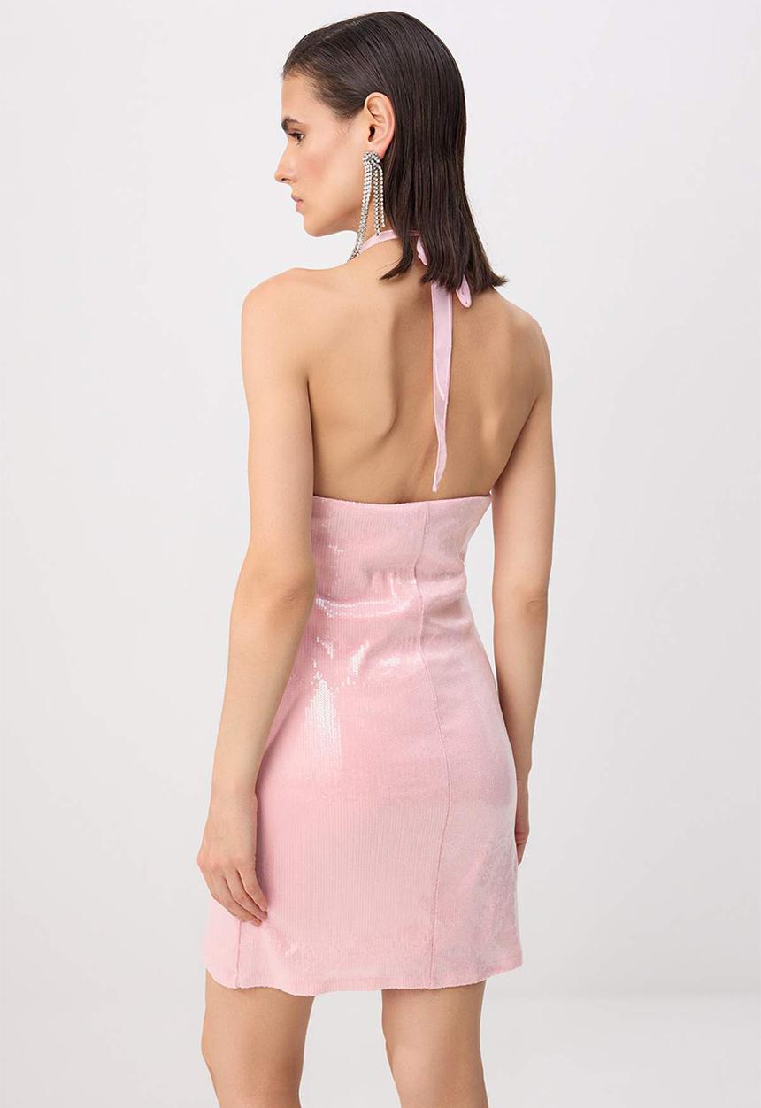 Trendyol - Halter Neck Bodycon Mini Knit Dress - Pink