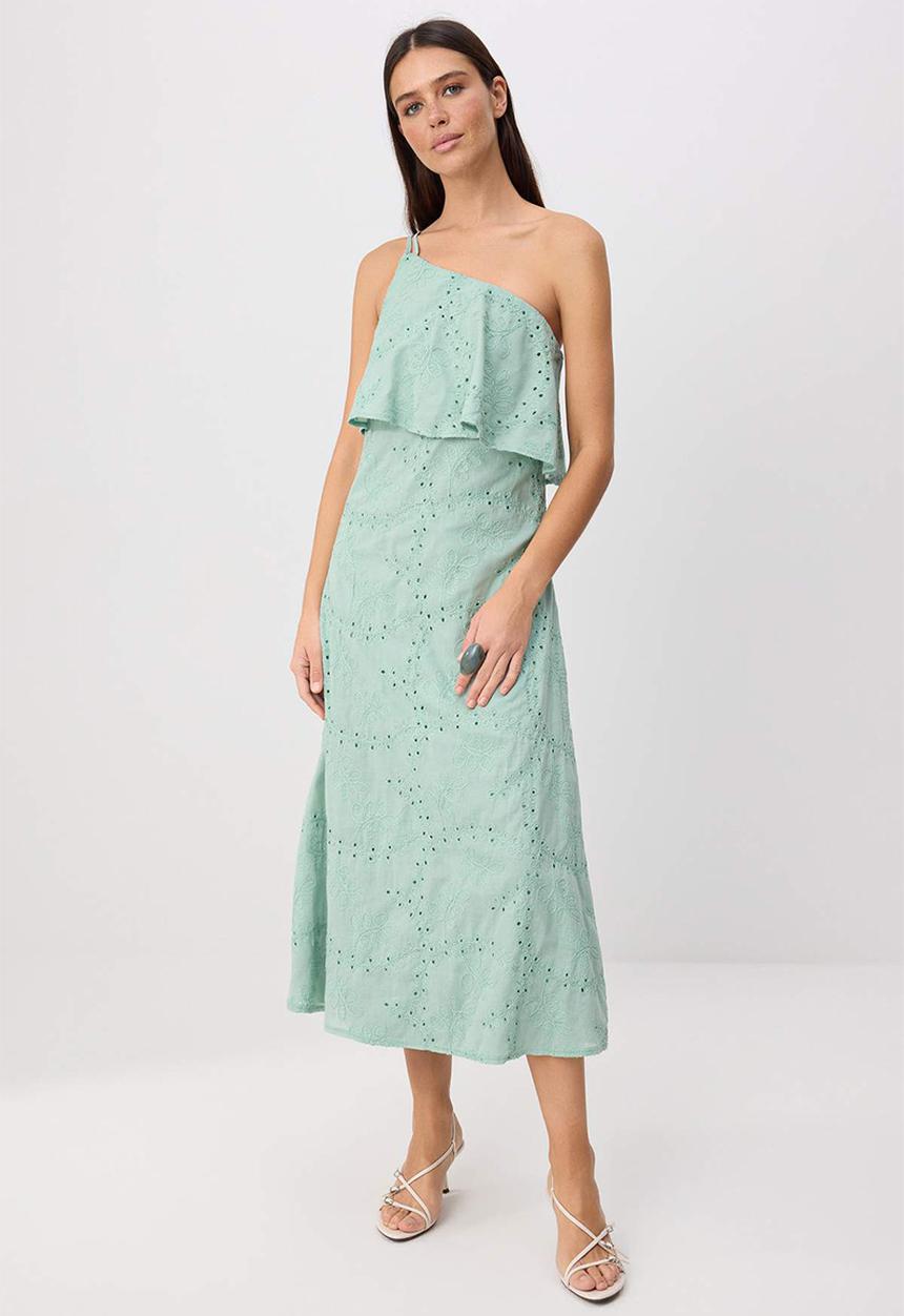 Trendyol - Asymmetric Collar Textured Midi Dress - Water Green