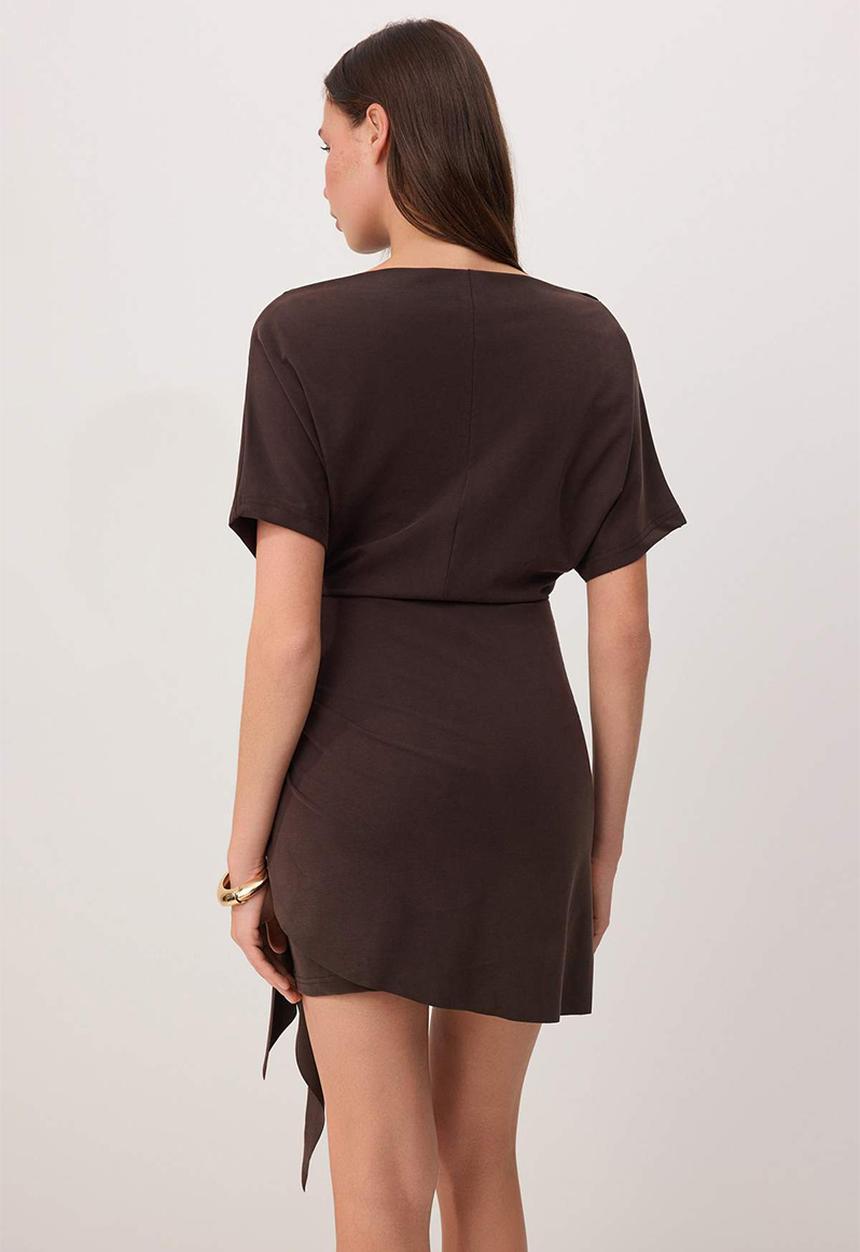 Trendyol - Premium Lyocell Bell-Shaped Mini Knit Dress with Accessory Detail - Dark Brown