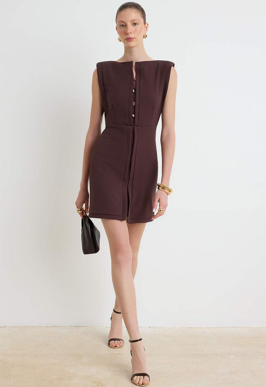Trendyol - Button Detail Mini Dress - Brown