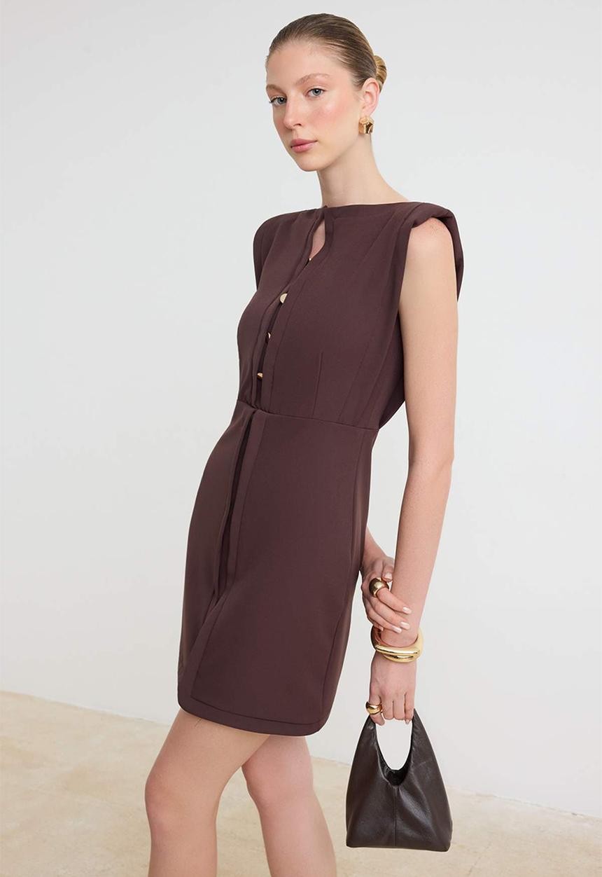 Trendyol - Button Detail Mini Dress - Brown