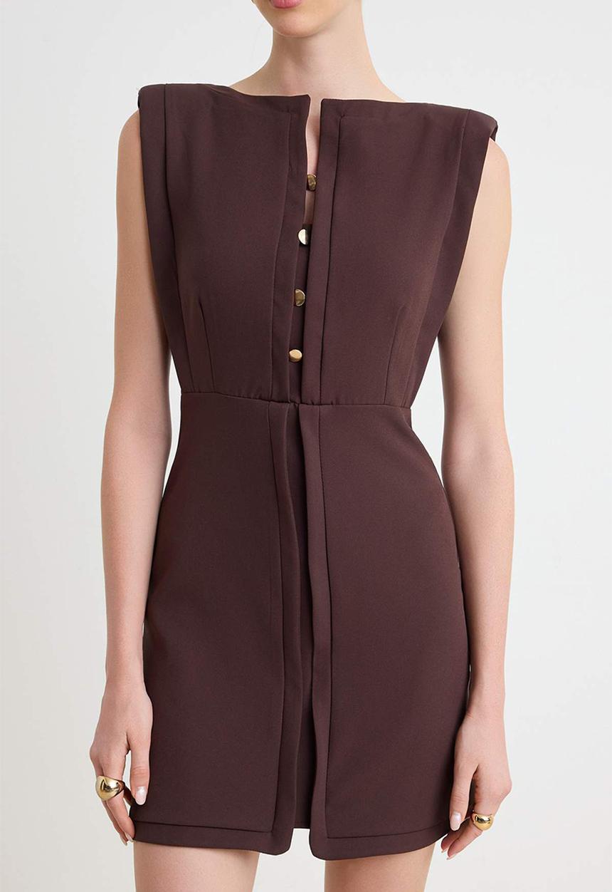 Trendyol - Button Detail Mini Dress - Brown