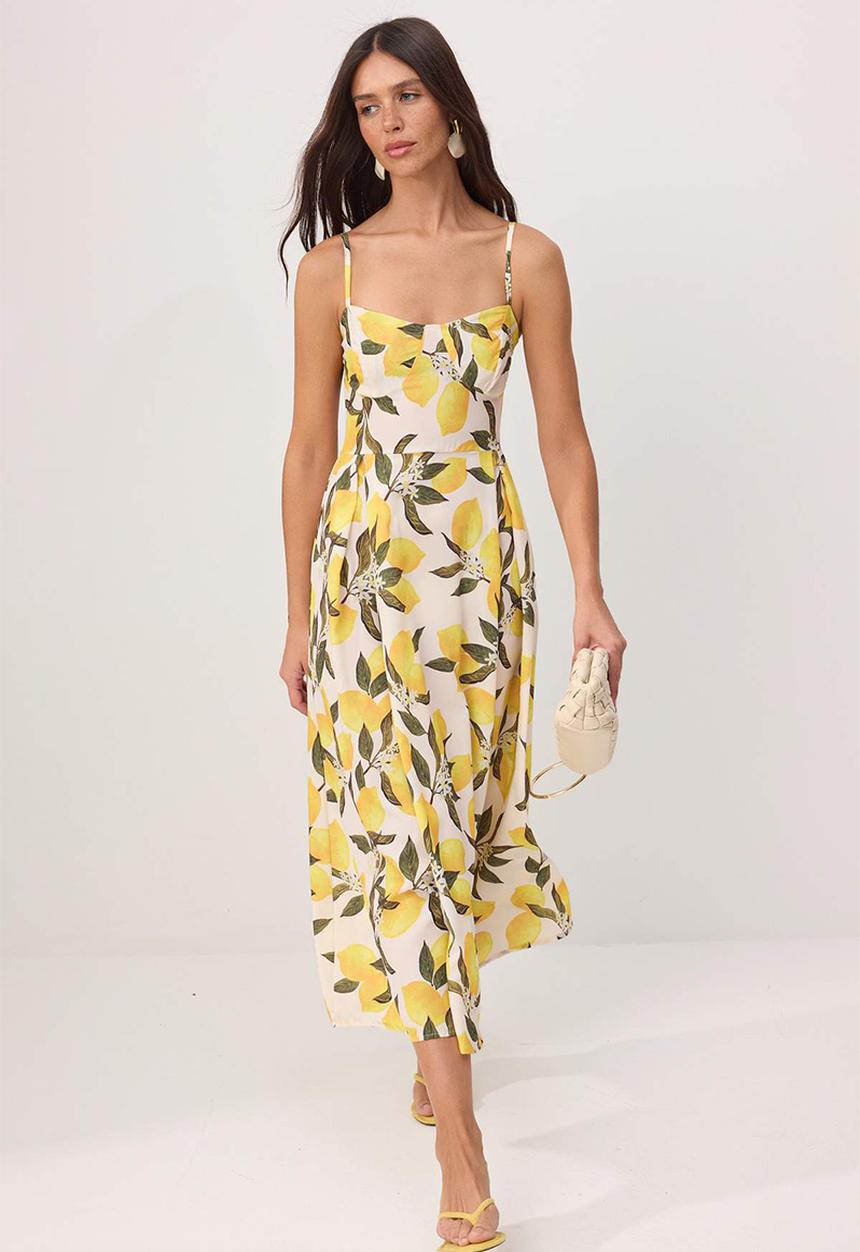 Trendyol - Lemon Print Strappy A-Line Maxi Dress - Multicolour