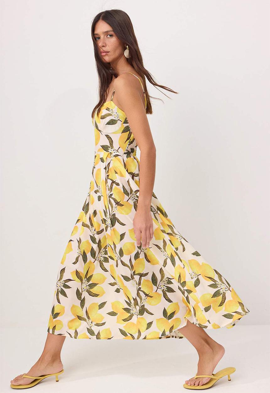 Trendyol - Lemon Print Strappy A-Line Maxi Dress - Multicolour