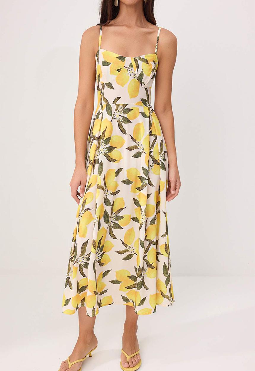 Trendyol - Lemon Print Strappy A-Line Maxi Dress - Multicolour