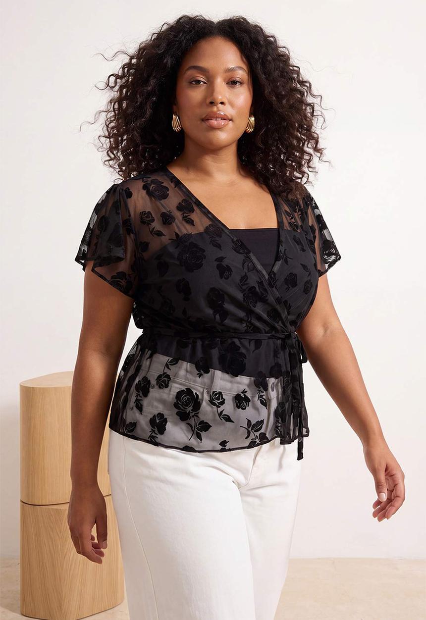 Trendyol - Plus flock printed tulle sheer knit top - black