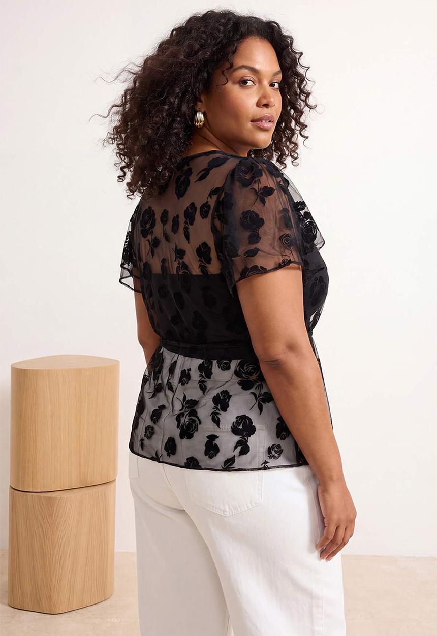 Trendyol - Plus flock printed tulle sheer knit top - black