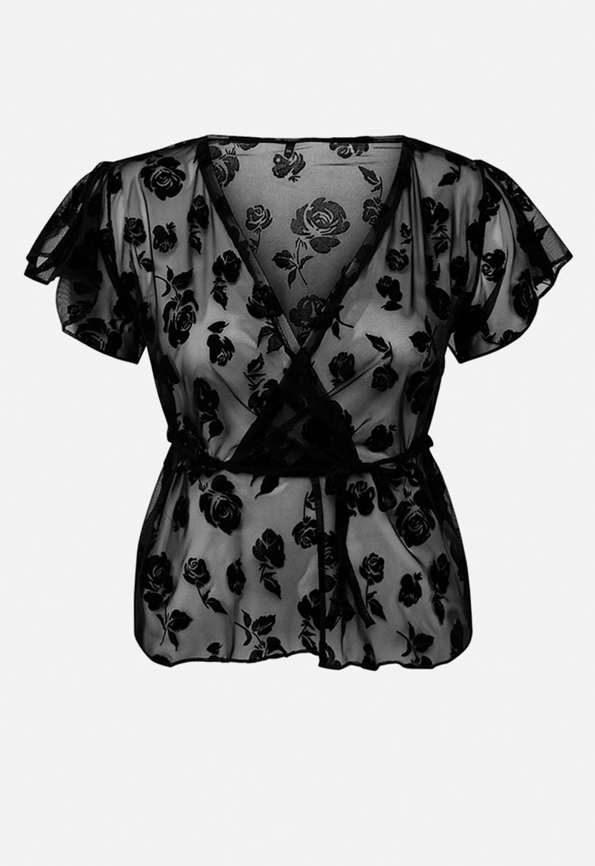 Trendyol - Plus flock printed tulle sheer knit top - black