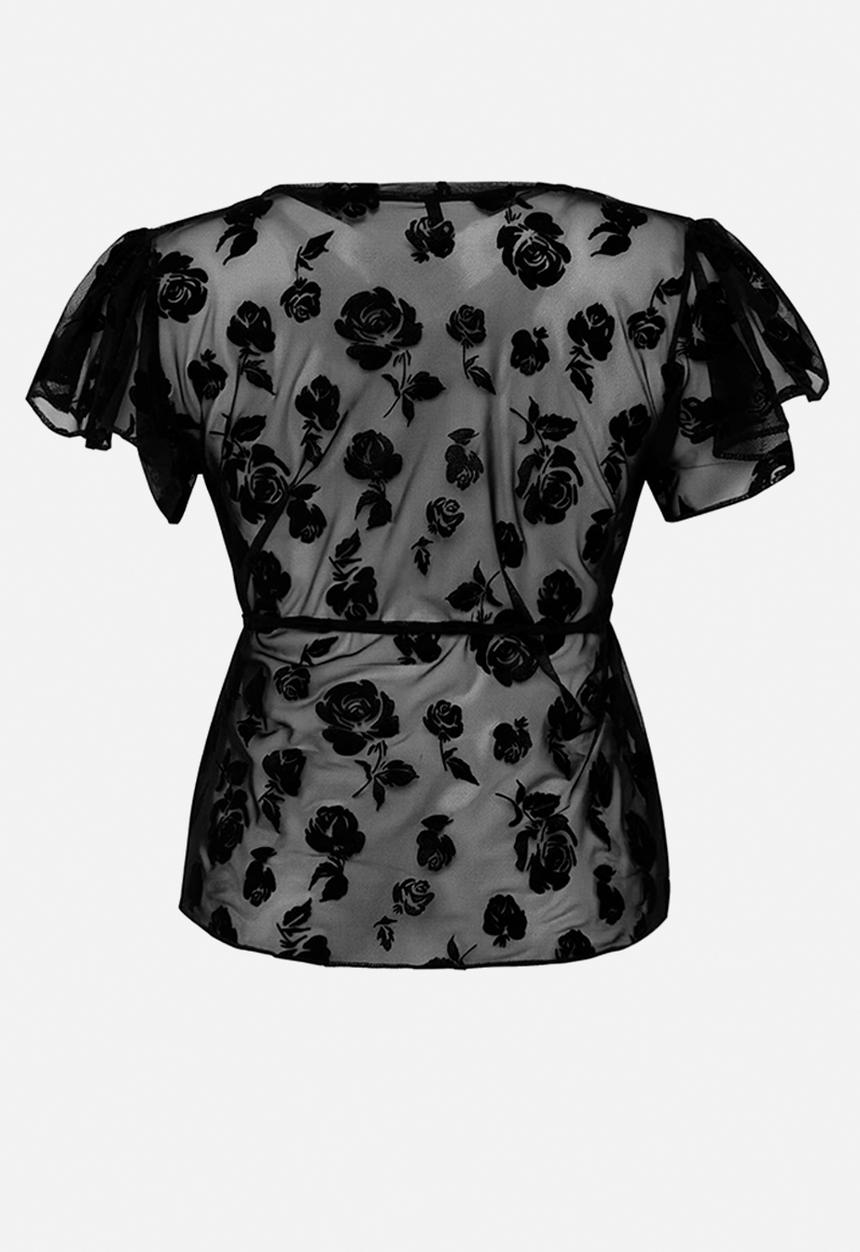 Trendyol - Plus flock printed tulle sheer knit top - black