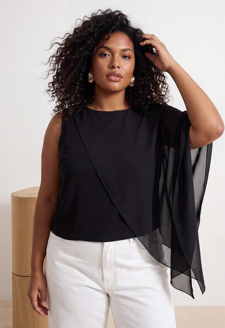 Trendyol - Plus chiffon half cape top - black