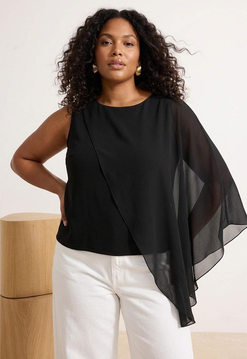 Trendyol - Plus chiffon half cape top - black