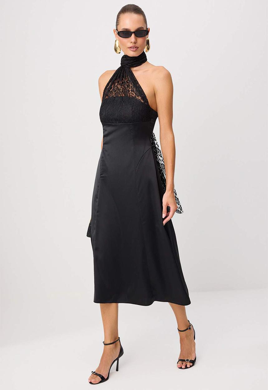 Trendyol - Shawl Collar A-Line Satin Midi Dress - Black