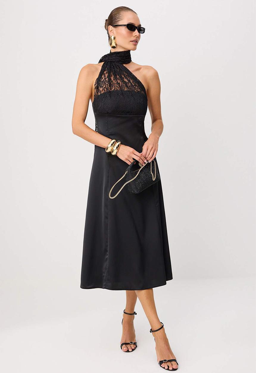 Trendyol - Shawl Collar A-Line Satin Midi Dress - Black