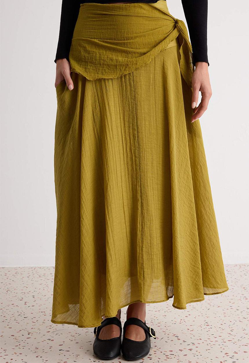 Trendyol - Tie-Dye Detail Lined Maxi Skirt - Oil Green