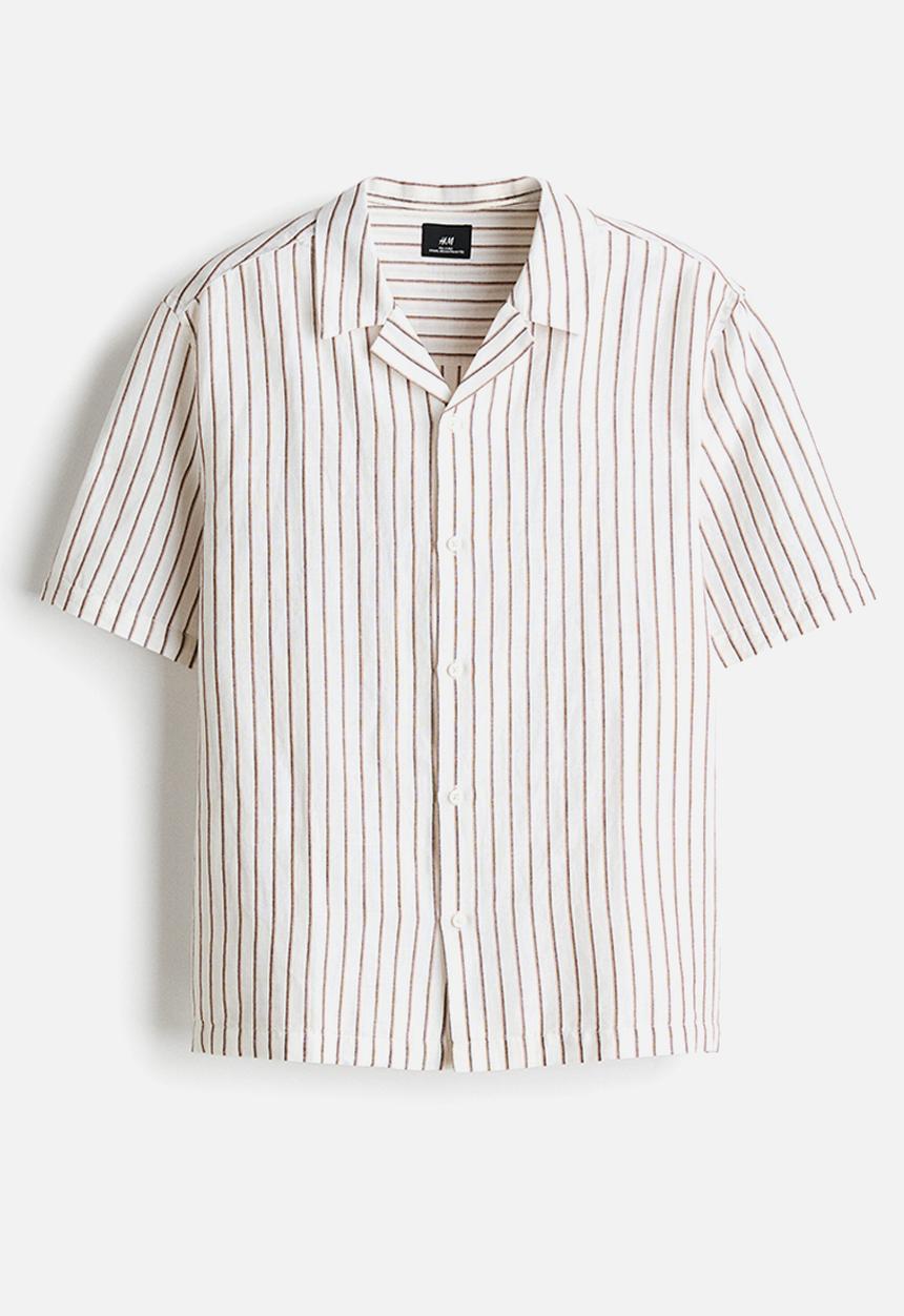 H&M - Relaxed fit linen-blend resort shirt  - white/striped