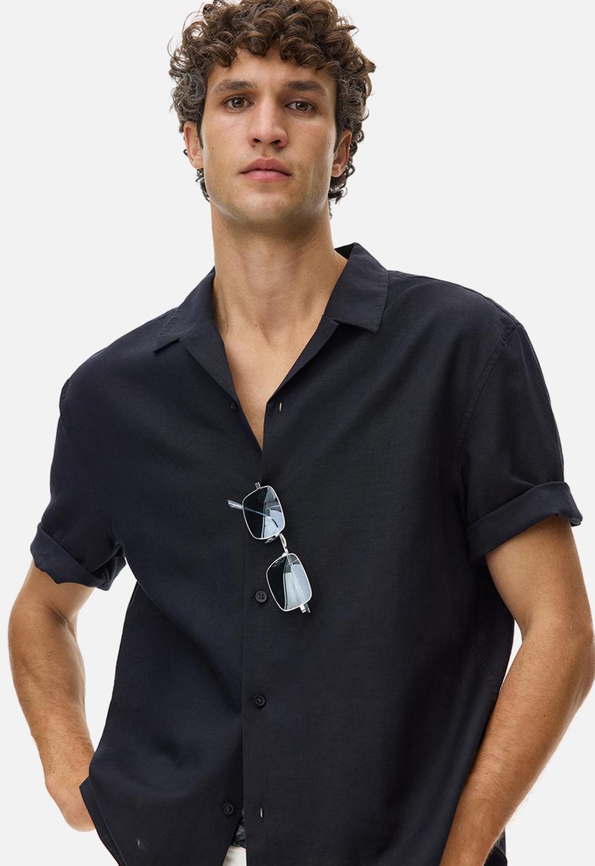 H&M - Relaxed fit linen-blend resort shirt  - black