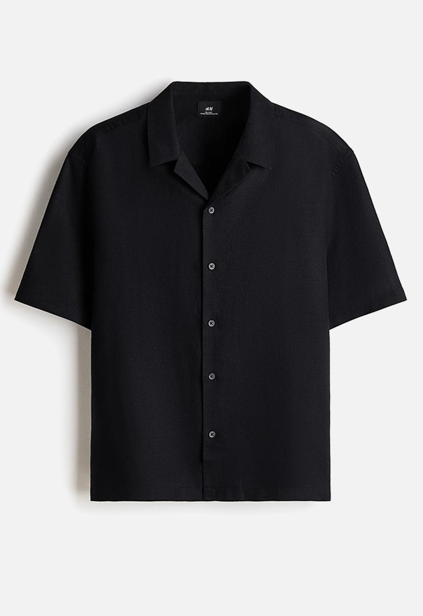 H&M - Relaxed fit linen-blend resort shirt  - black