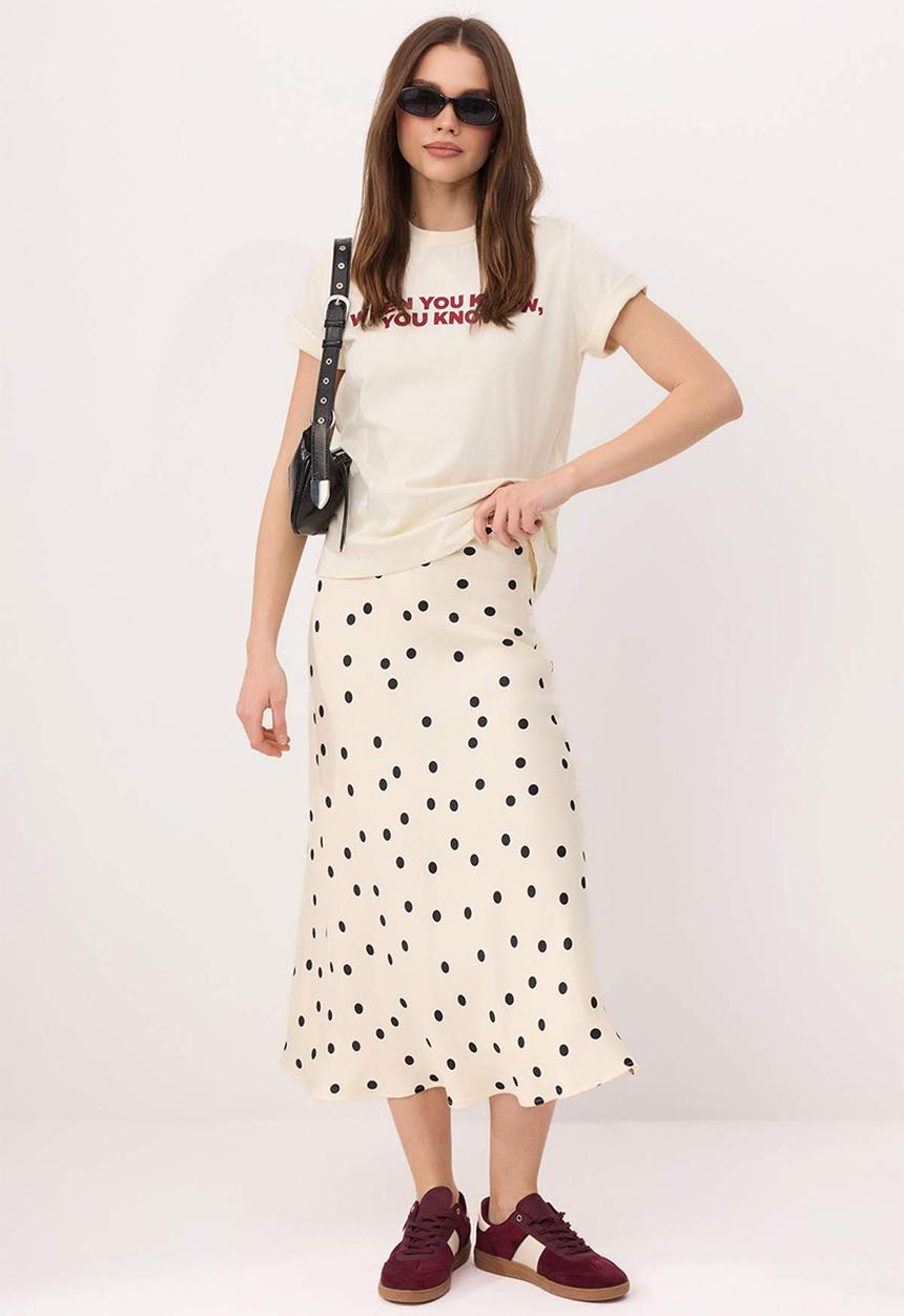 Trendyol - Polka Dot Satin Midi Skirt - Ecru