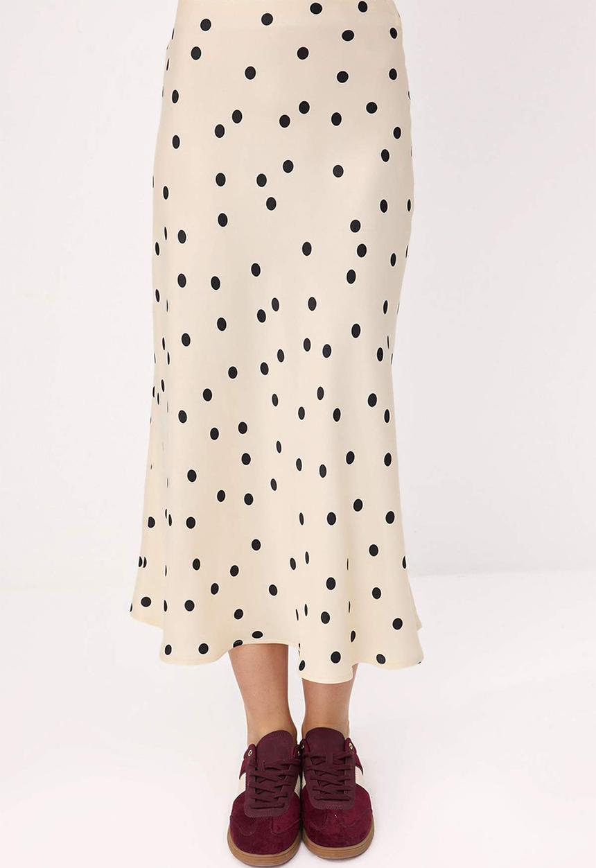 Trendyol - Polka Dot Satin Midi Skirt - Ecru