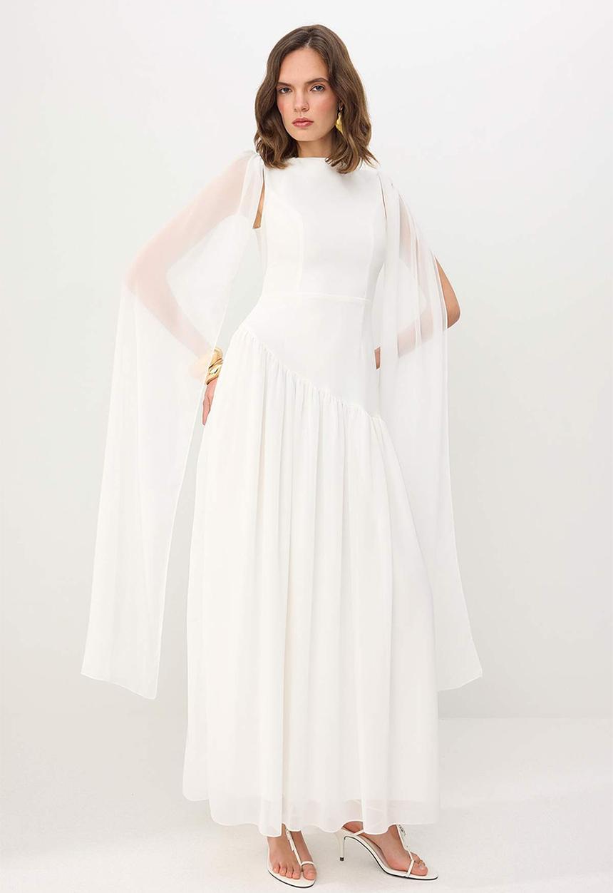 Trendyol - Chiffon Maxi Party Dress with Shawl Detail - White