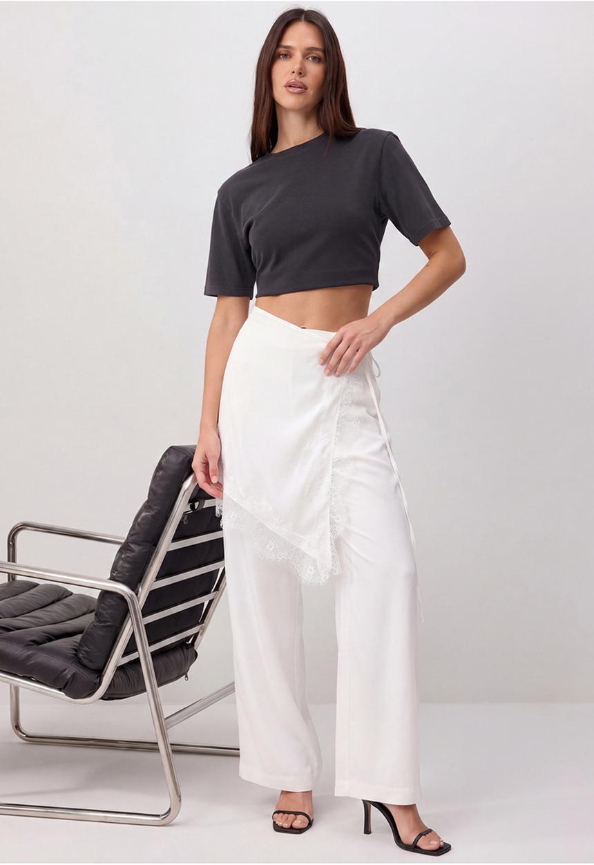 Trendyol - Shawl Detail Wide-Leg Satin Trousers - White