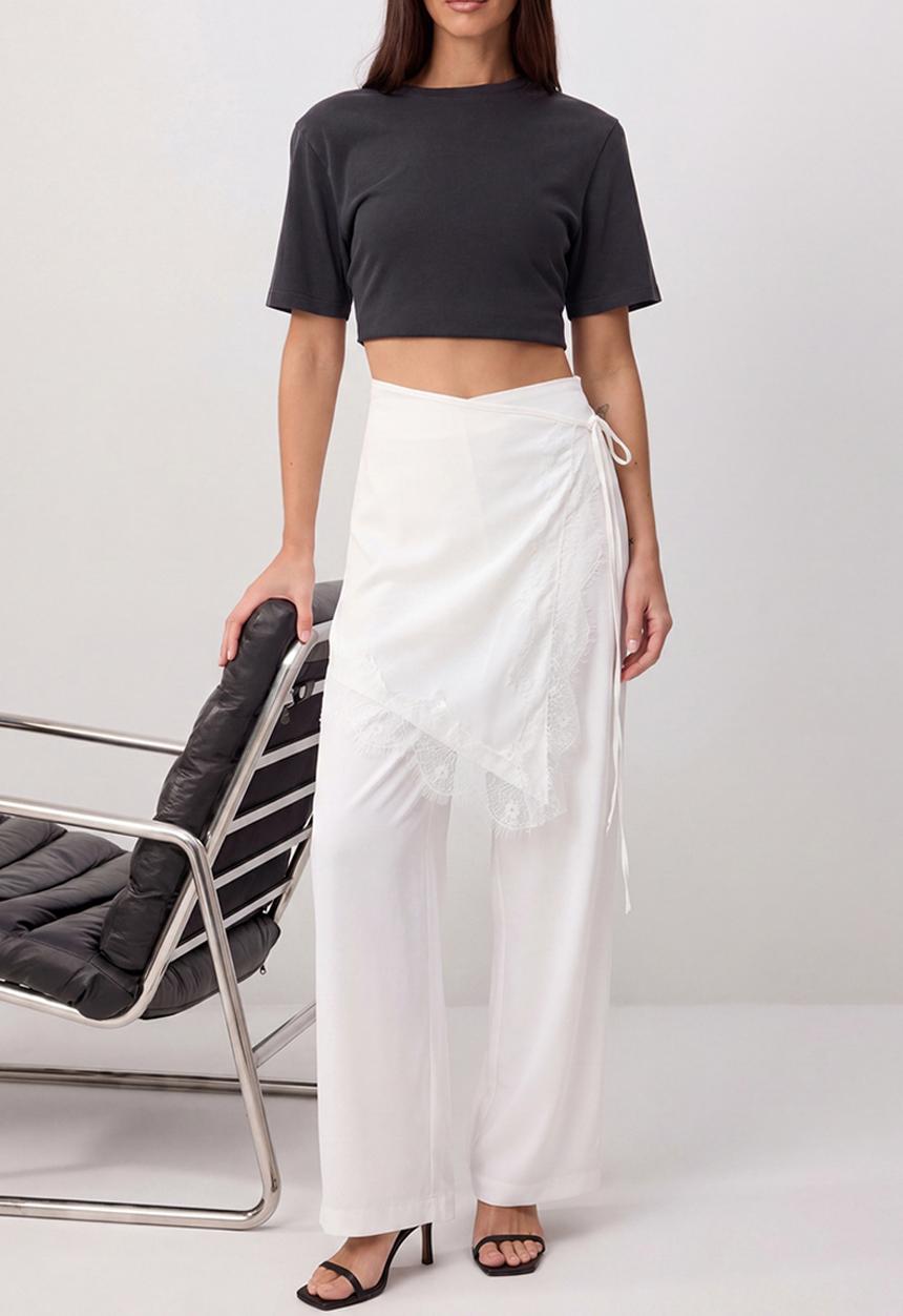 Trendyol - Shawl Detail Wide-Leg Satin Trousers - White