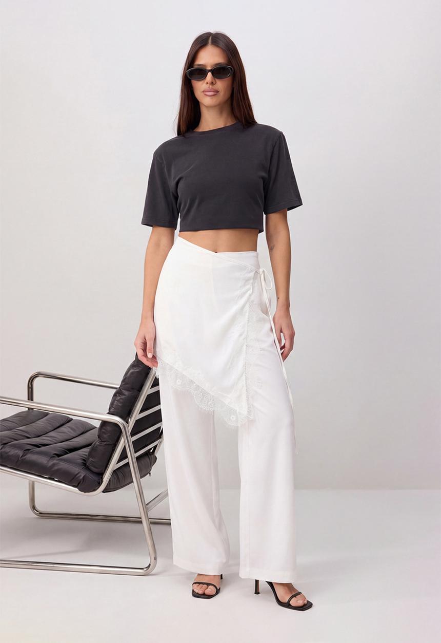 Trendyol - Shawl Detail Wide-Leg Satin Trousers - White