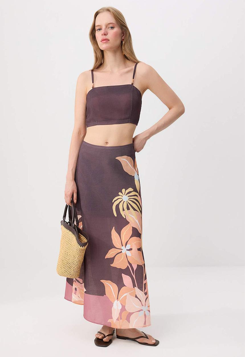 Trendyol - Beaded Strap Floral Print Top and Midi Skirt Set - Multicolour