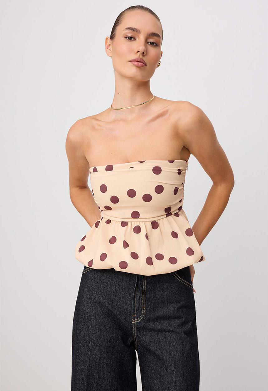 Trendyol - Strapless Balloon-Fit Polka Dot Blouse - Neutral