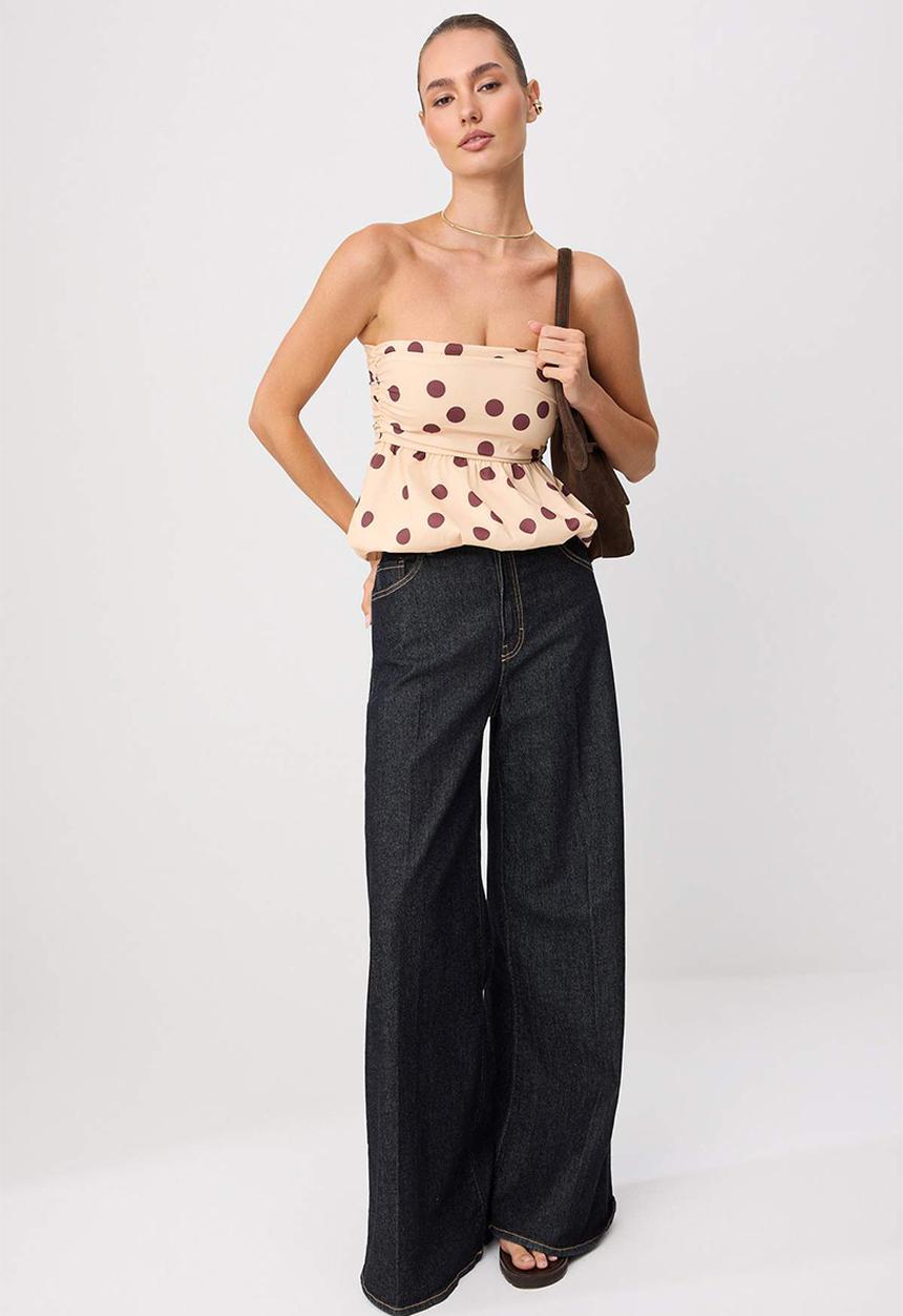 Trendyol - Strapless Balloon-Fit Polka Dot Blouse - Neutral