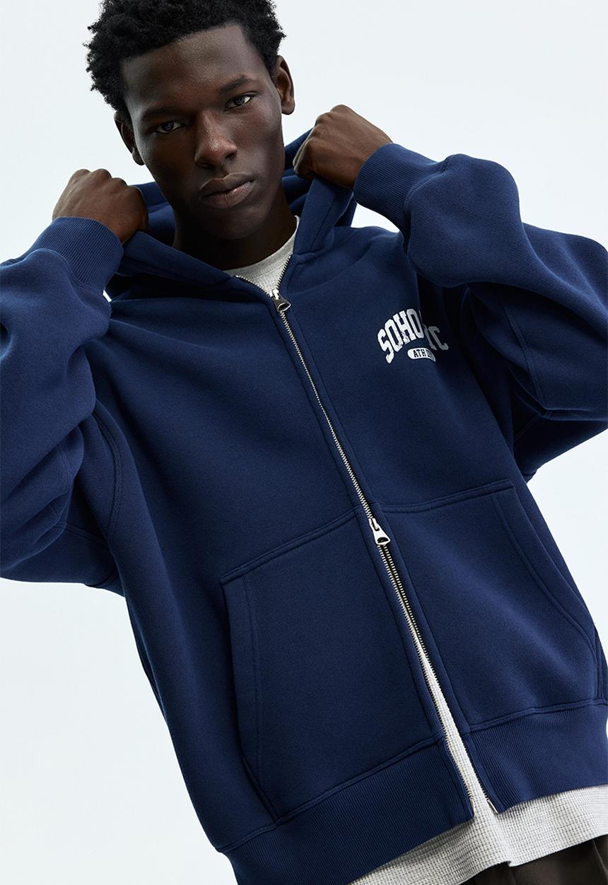 H&M - Oversized fit printed zip-through hoodie - navy blue/soho nyc