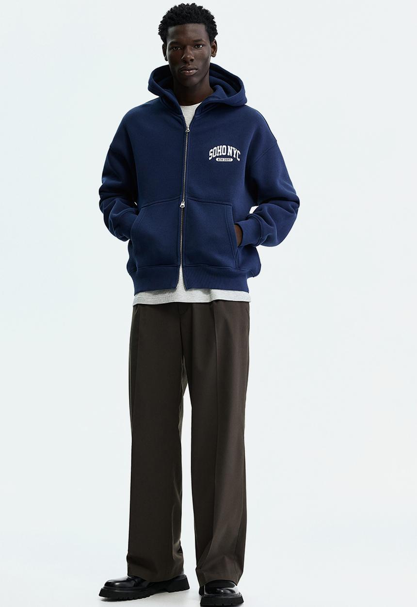 H&M - Oversized fit printed zip-through hoodie - navy blue/soho nyc