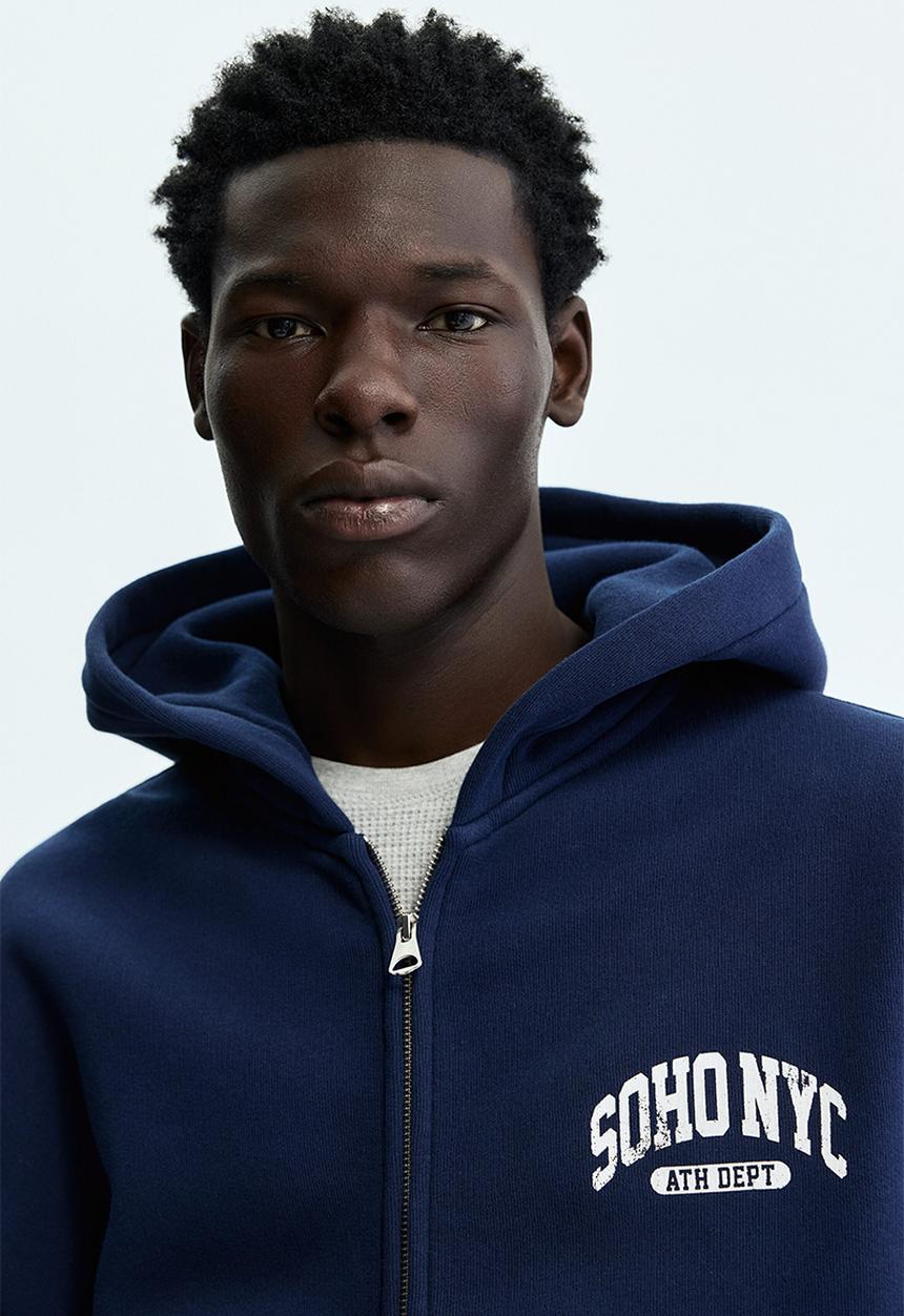 H&M - Oversized fit printed zip-through hoodie - navy blue/soho nyc