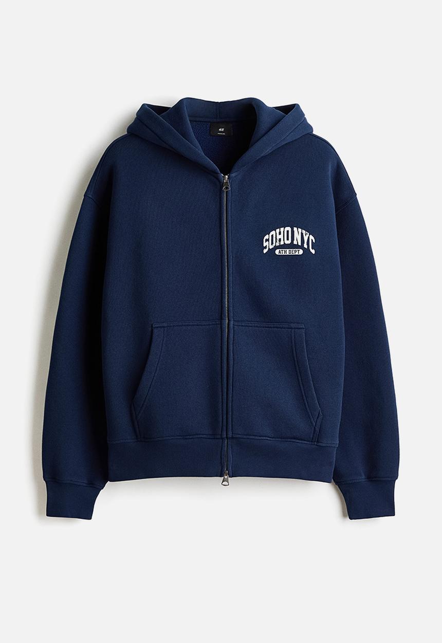 H&M - Oversized fit printed zip-through hoodie - navy blue/soho nyc