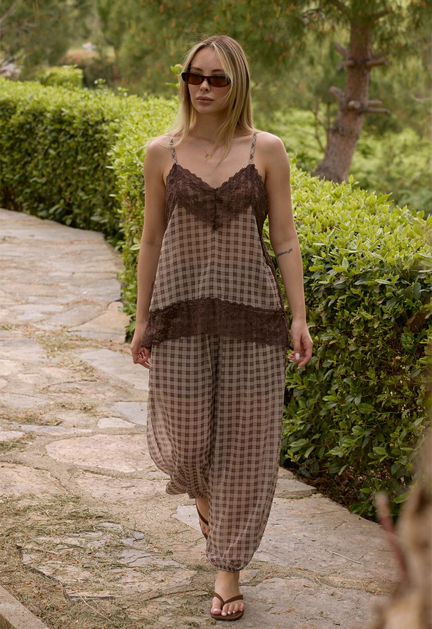 Trendyol - Plaid Lace Detail Strappy Blouse and Trousers Set - Brown