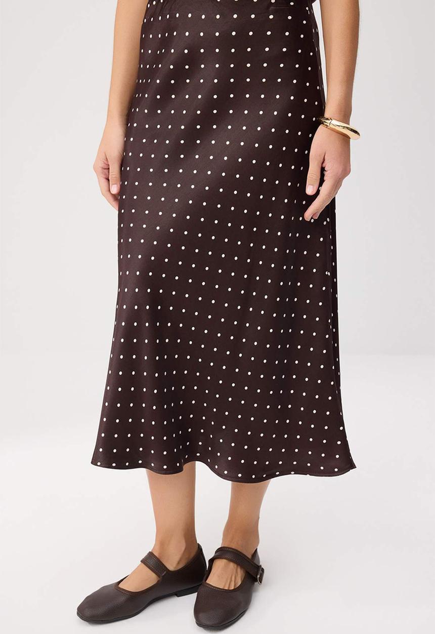 Trendyol - Polka Dot Satin Midi Skirt - Brown