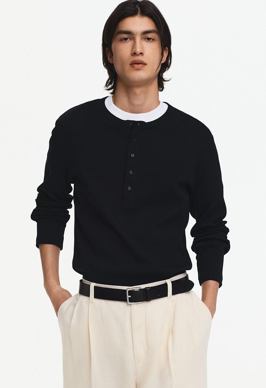 H&M - Slim fit ribbed henley shirt - black