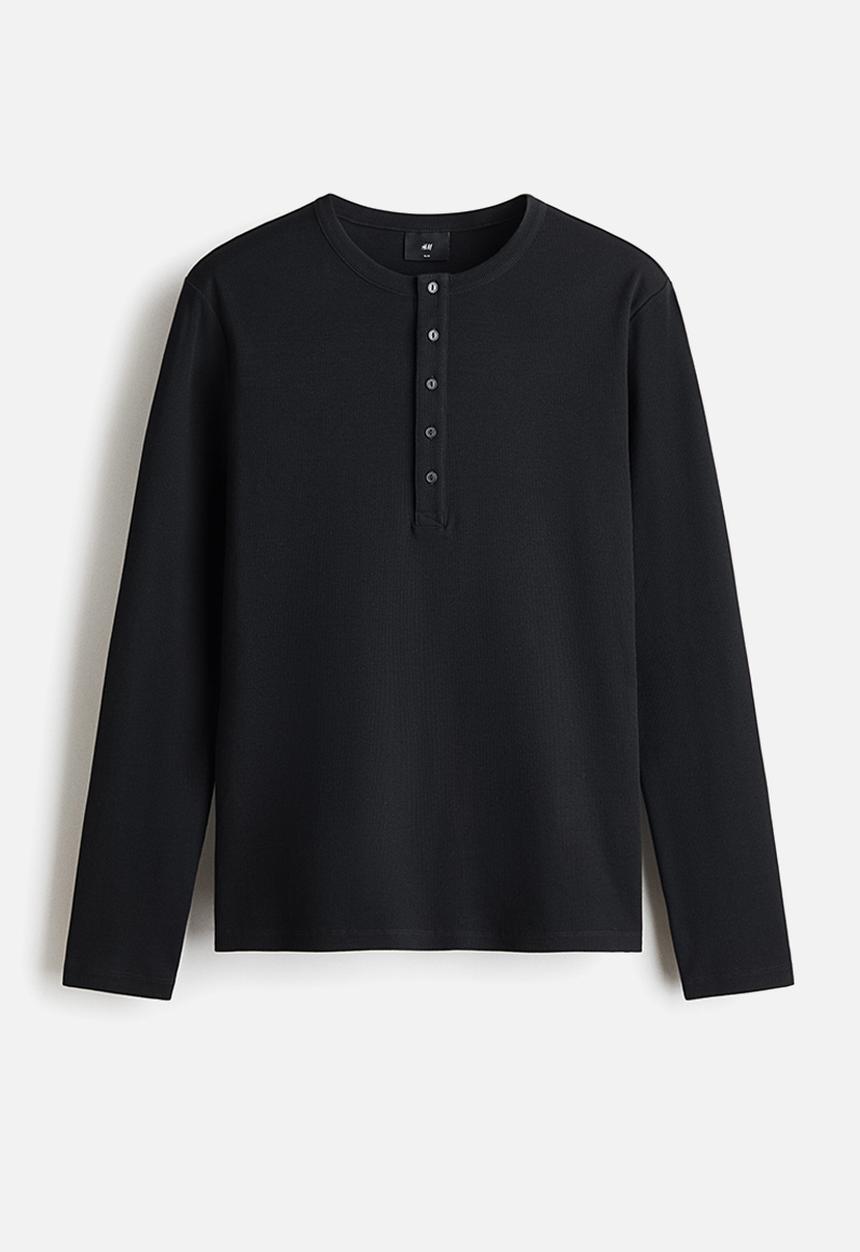 H&M - Slim fit ribbed henley shirt - black
