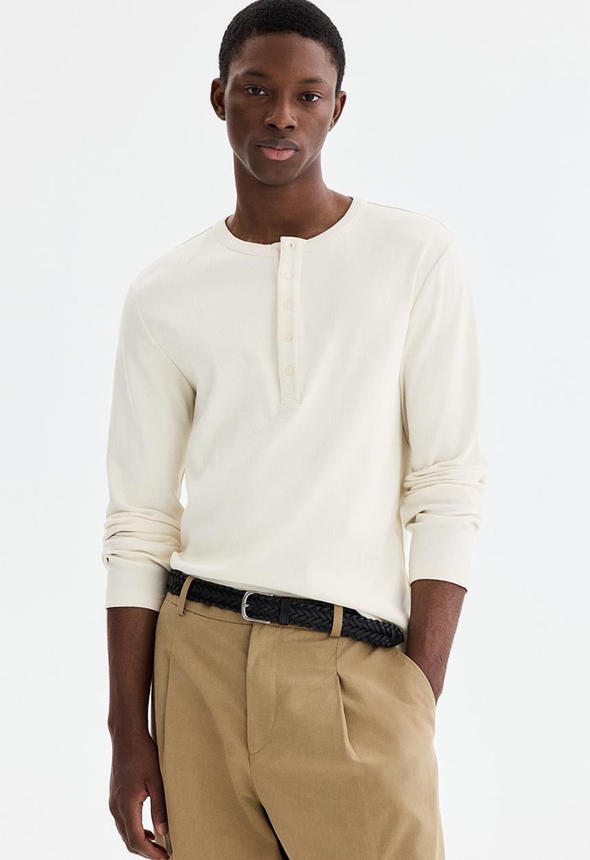 H&M - Slim fit ribbed henley shirt - cream