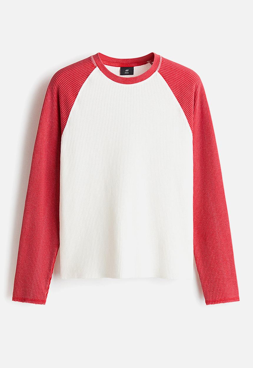 H&M - Regular fit waffled jersey top - red/colour block