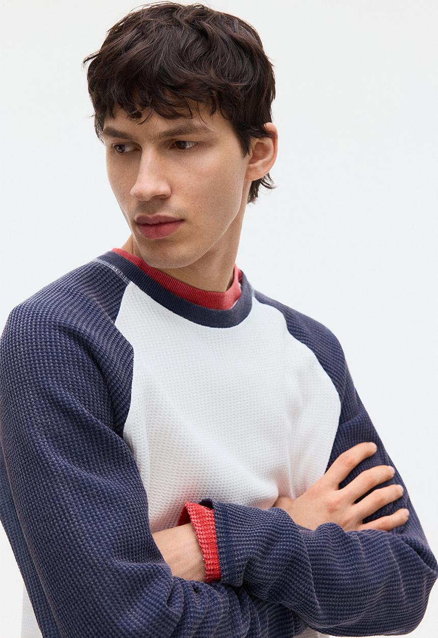 H&M - Regular fit waffled jersey top - dark blue/colour block