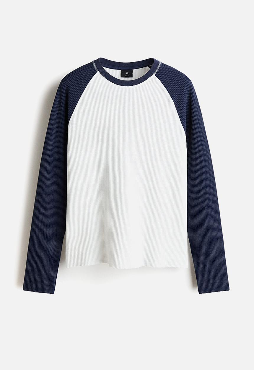 H&M - Regular fit waffled jersey top - dark blue/colour block