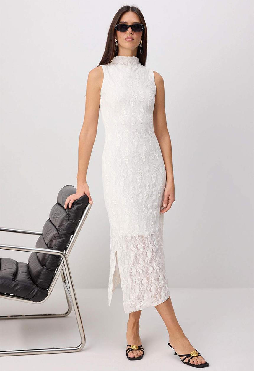 Trendyol - Lace-Lined Bodycon Maxi Dress - Ecru