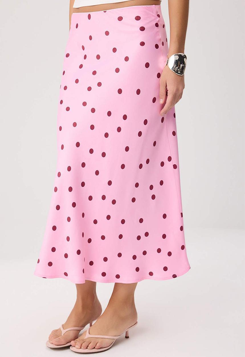Trendyol - Polka Dot Satin Midi Skirt - Pink