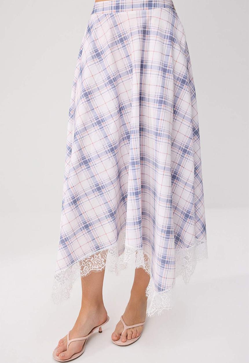Trendyol - Plaid Lace Detail Asymmetric Skirt - White & Blue