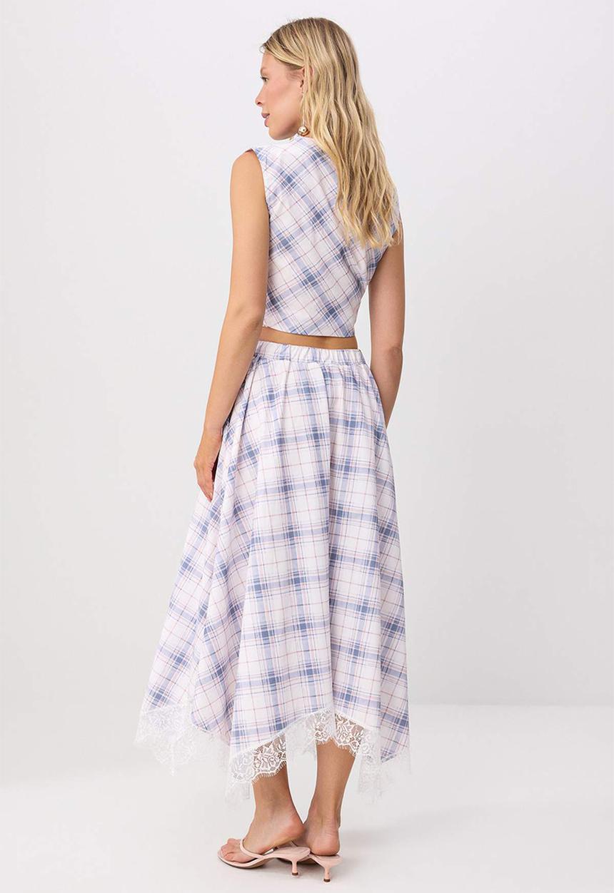 Trendyol - Plaid Lace Detail Asymmetric Skirt - White & Blue