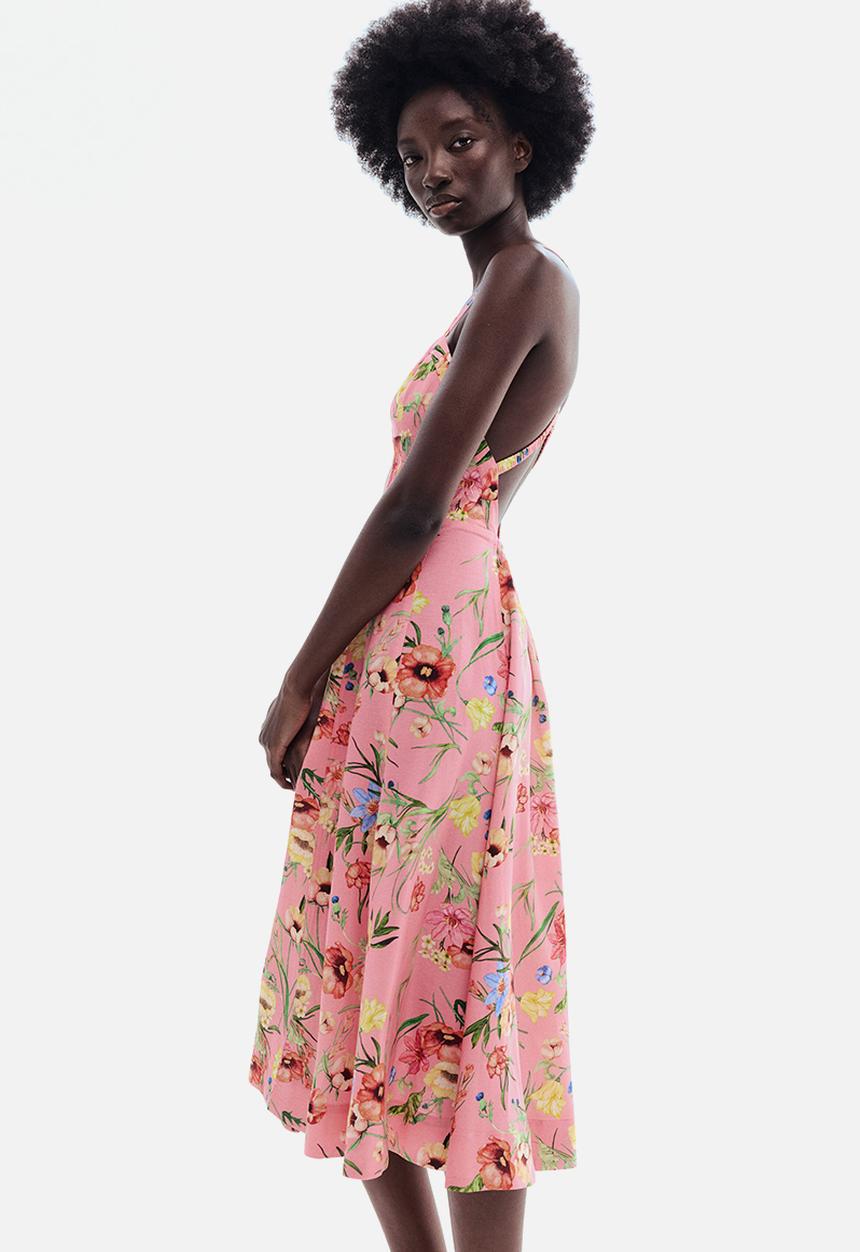 H&M - Flared linen-blend dress - light pink/floral